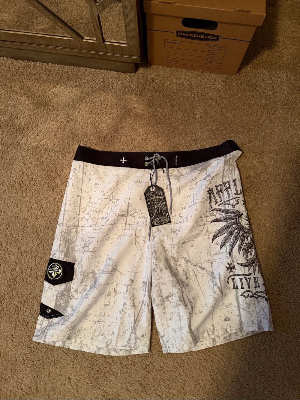 Affliction White and Black Graphic Men’s Swim Board Shorts